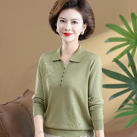 W503-362-108-168秋装2025新款毛衣洋气翻领小衫中老年人女春秋长袖针织打底衫