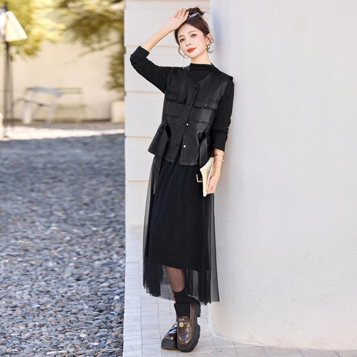 HR YF2619韩系气质时尚连衣裙套装系带收腰皮马甲网纱裙两件套 商品图3
