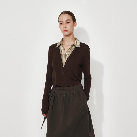 NUTH 格纹拼接假两件针织t恤宽松薄款长袖针织衫上衣女 商品图1