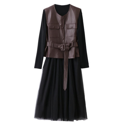 HR YF2619韩系气质时尚连衣裙套装系带收腰皮马甲网纱裙两件套 商品图4