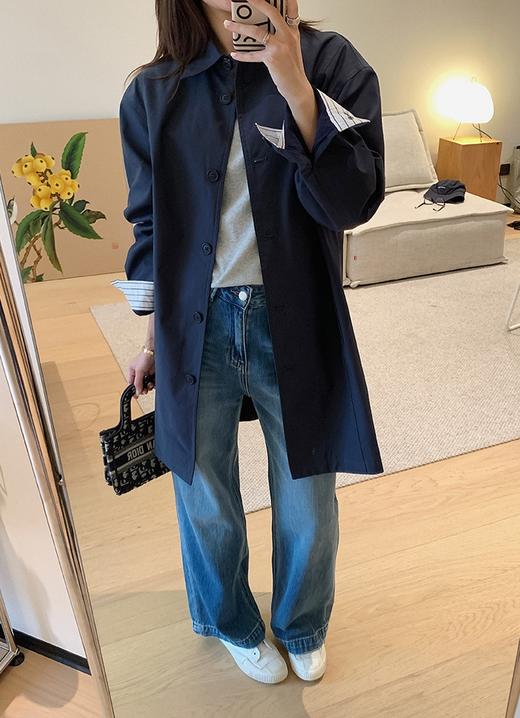 画报风衣高支棉撞色条纹拼接经典A字风衣宽松中长款外套 商品图1