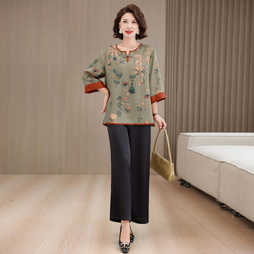 A8180中老年人妈妈夏装套装2025新款七分袖上衣洋气大码休闲女装 商品图1