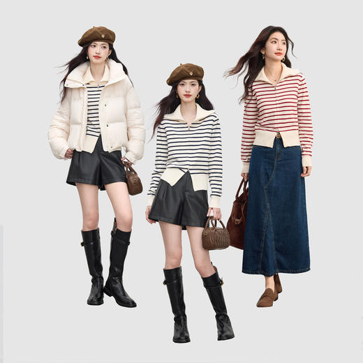 【周四狂欢价】熙世界双头拉链条纹针织开衫女2025秋季新款时尚海军领毛衣短外套 商品图2