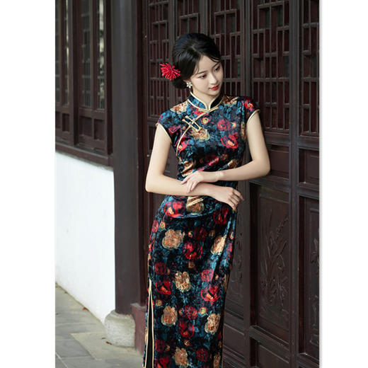 SKY 5825195复古中国风长款丝绒无袖旗袍 商品图2