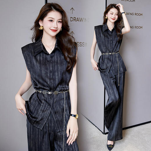 丁摩 阔腿裤套装女夏新款显瘦气质轻熟风通勤无袖衬衫两件套5ZF-929 商品图0