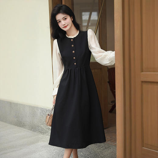 西遇法式黑色长袖连衣裙女秋季新款小香风a字收腰中长裙SS051433 商品图3