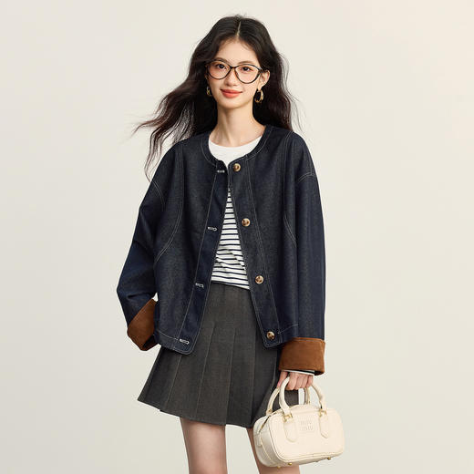 【年货节】熙世界巴恩风撞色长袖牛仔外套女2025秋装新款超好看复古夹克上衣 商品图4