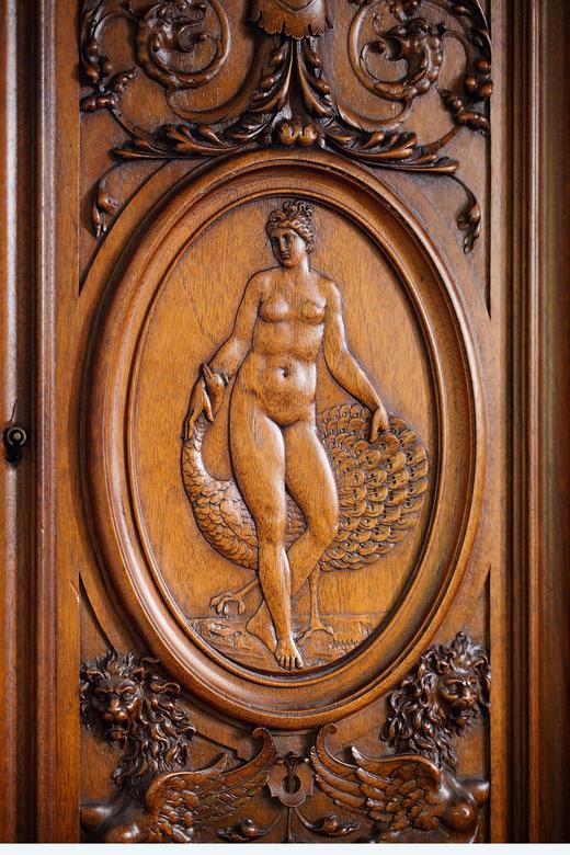 独角鹿西洋古董1880年代法国出品新文艺复兴风格古典女神主题胡桃木精雕大型边柜 商品图5