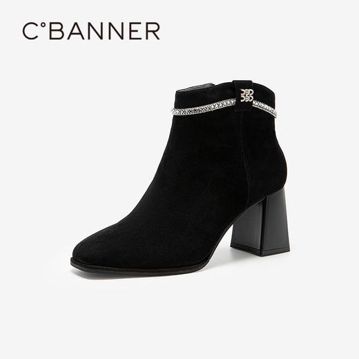 【静音系列】千百度粗高跟时装靴女羊皮靴保暖短靴子A25588503 商品图1