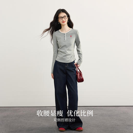 【09/03新品】熙世界花边圆领长袖T恤女2025秋季新款捏褶收腰修身内搭打底上衣 商品图4