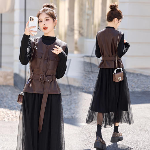 HR YF2619韩系气质时尚连衣裙套装系带收腰皮马甲网纱裙两件套 商品图0