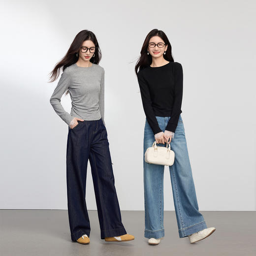 【周末秒杀】熙世界蕾丝拼接长袖T恤女2025秋季新款别致抽褶修身显瘦打底上衣 商品图1