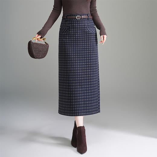 QYM 6325 -Y后开衩包臀裙半身裙气质毛呢格纹一步裙 商品图1