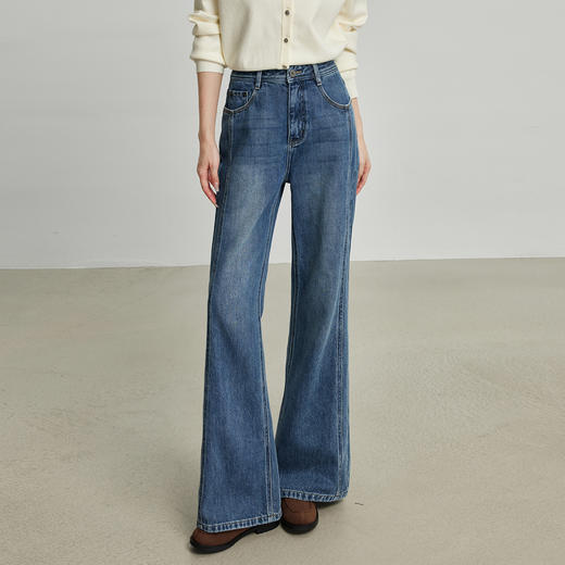 【09/03新品】熙世界复古微喇牛仔裤女2025春秋高腰弹力修身阔腿马蹄裤喇叭长裤 商品图2