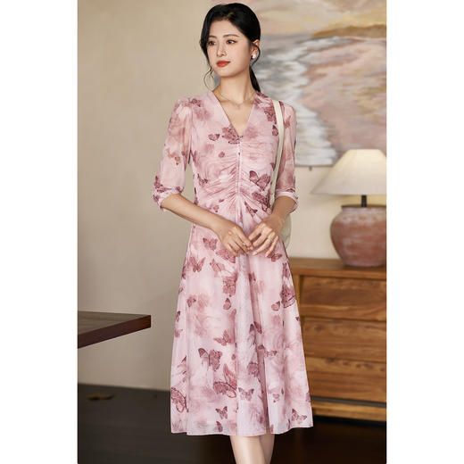 米思阳2026春季网纱裙浪漫法式印花裙设计感抽褶清新粉色连衣裙3711 商品图5