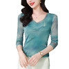 KQL 520N89321时尚纱网印花长袖V领修身显瘦洋气打底衫T恤上衣 商品缩略图4