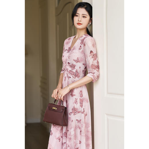 米思阳2026春季网纱裙浪漫法式印花裙设计感抽褶清新粉色连衣裙3711 商品图2