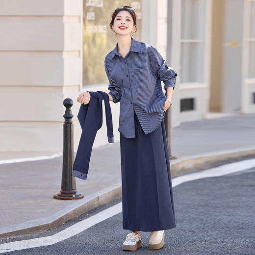 HR YF2617韩系气质披肩条纹衬衫套装优雅大气半身裙三件套 商品图2