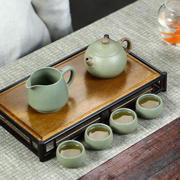 千寿堂 紫砂壶套装宜兴原矿 手工搅泥工艺豆青圆润西施套装6件套 商品图5