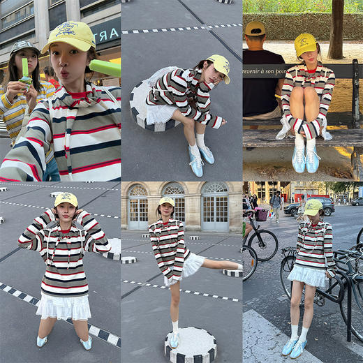 HIDEMI 趣味撞色条纹自然色织纯棉分体领巾设计感两件套长袖T 商品图3