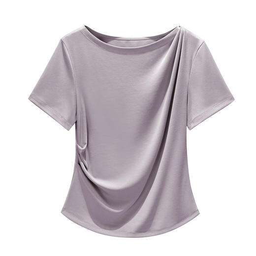 「自j」全新升级【铂金会员109/天猫149/差价40】(43250)洛诗琳气质褶皱上衣女2025秋季高级感荡领正肩显瘦T恤女 商品图2