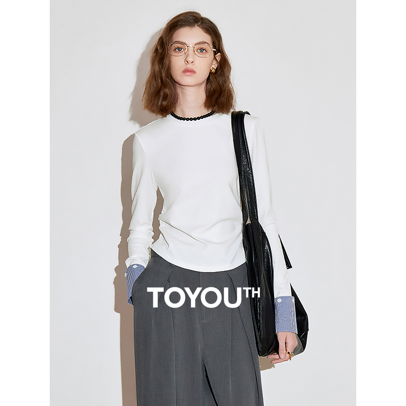 初语长袖t恤女收腰拼接格纹假两件chic洋气上衣