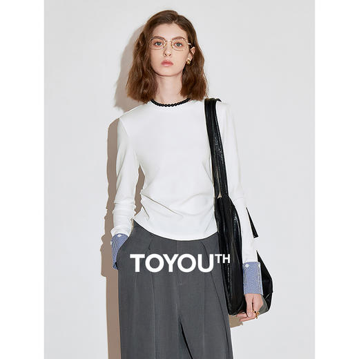 初语长袖t恤女收腰拼接格纹假两件chic洋气上衣 商品图0