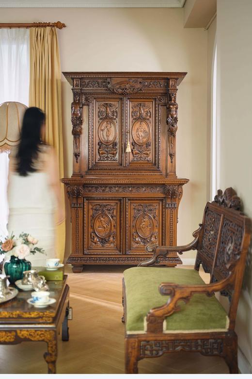 独角鹿西洋古董1880年代法国出品新文艺复兴风格古典女神主题胡桃木精雕大型边柜 商品图1