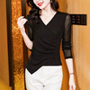 KQL E37M2939气质百搭交叉V领烫钻网纱长袖打底衫大码小衫 商品缩略图1