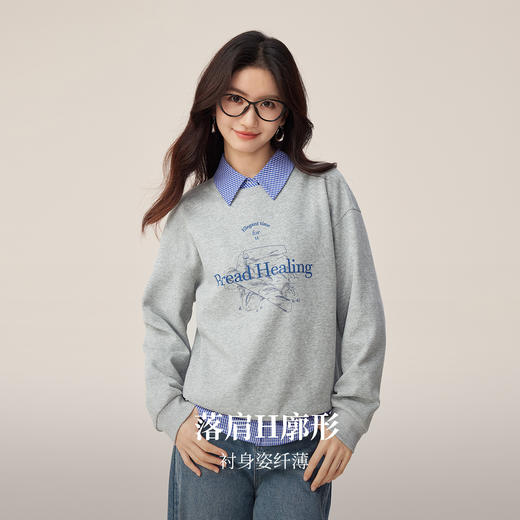 【周末秒杀】熙世界学院风灰色印花圆领卫衣女士长袖2025秋季新款复古宽松上衣 商品图1