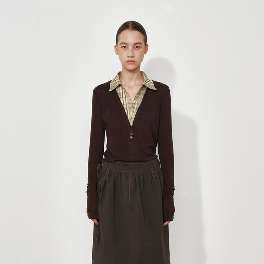 NUTH 格纹拼接假两件针织t恤宽松薄款长袖针织衫上衣女 商品图0