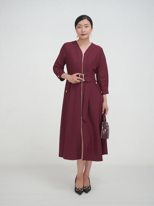 SZ3S56_魏紫色_连衣裙_秋季_V领金属拉链门襟腰带收腰七分袖_高级女装_BERNIEELEN 伯妮斯茵 商品图4