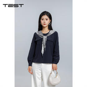 秋上新都市优雅风藏蓝色丝巾领小衫1253092