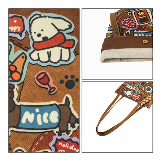 【买即赠随机挂件+随机卡包】完美款款 皮革小狗 爆款插画休闲时尚通勤斜挎加长水桶帆布包包女款 商品图2