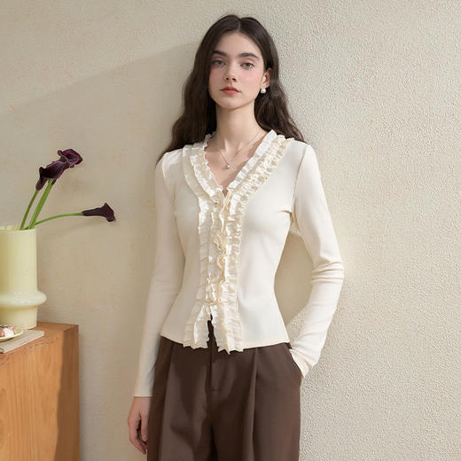 西遇法式双层立体花边长袖针织T恤女秋季V领修身显瘦上衣V3051221 商品图2