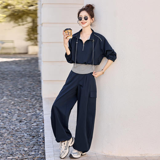 HR YF2615慵懒风休闲运动工装套装假两件拼接上衣阔腿裤二件套 商品图2
