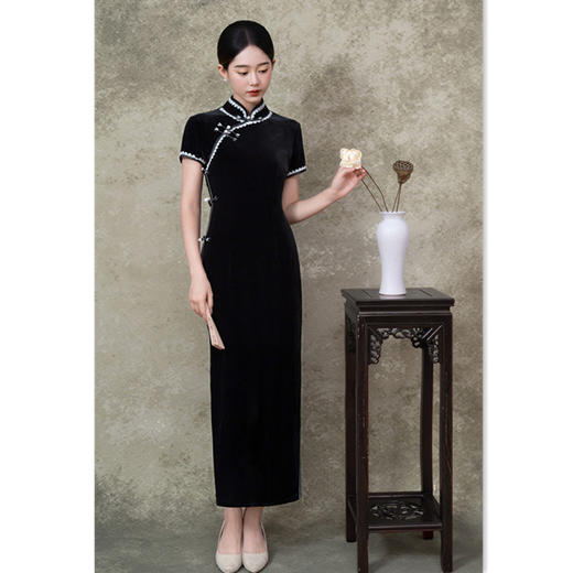 老上海复古中国风长款进口丝绒高级感旗袍2025初秋款修身宴会旗袍SYK209636 商品图0