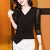 KQL E37M2939气质百搭交叉V领烫钻网纱长袖打底衫大码小衫 商品缩略图3