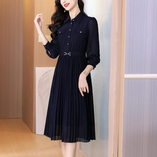 AHM bynz6606气质通勤衬衫领连衣裙显瘦中长款百褶裙 商品图3
