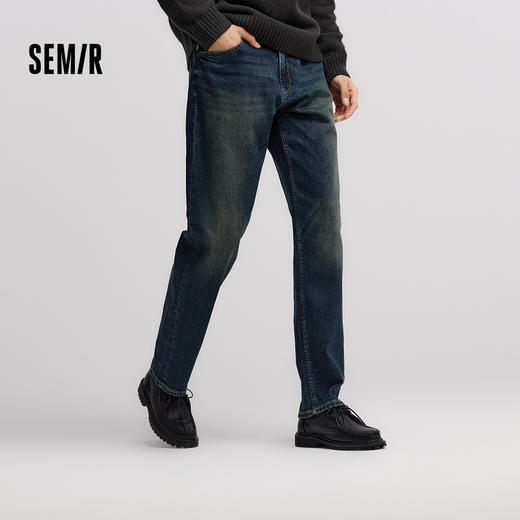 森马牛仔裤男冬莱卡弹力赤耳丹宁宽松直筒裤复古水洗时尚提花裤子 商品图0
