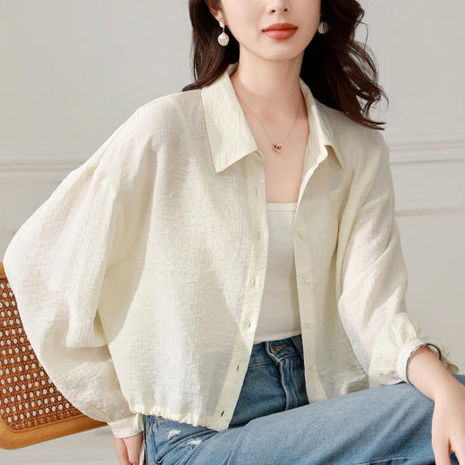 雀说长袖衬衫防晒衣抽绳衬衣宽松肌理防晒衫上衣AL1611 商品图3