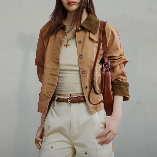 马登美式工装夹克美拉德灯芯绒拼接帆布外套宽松休闲翻领上衣秋女 商品图4