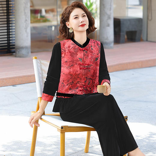 FW 2571国风三件套洋气妈妈装新中式金丝绒套装 商品图3