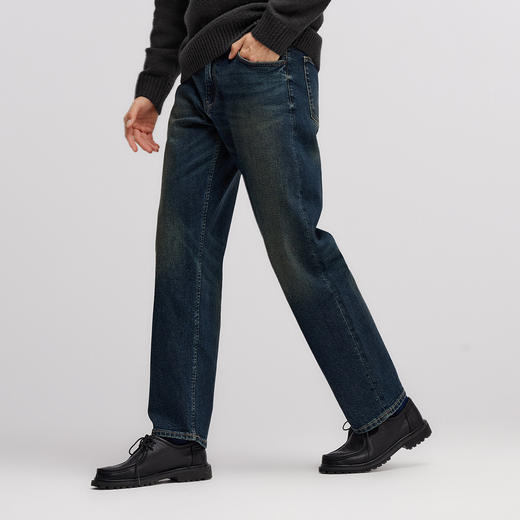 森马牛仔裤男冬莱卡弹力赤耳丹宁宽松直筒裤复古水洗时尚提花裤子 商品图2