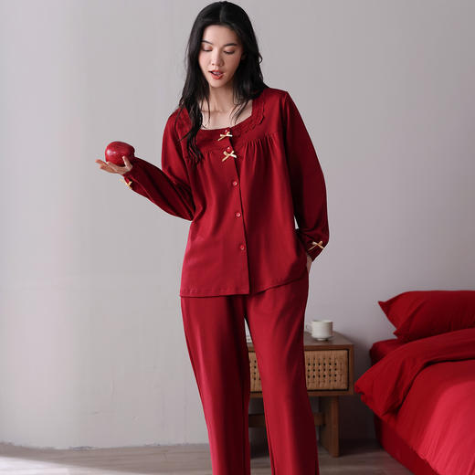 雀说 纯棉红色睡衣女春秋季长袖长裤家居服两件套 商品图3