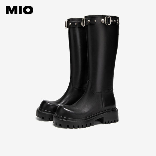 MIO米奥骑士靴圆头高跟黑色皮革扣带百搭长筒女靴M255852118 商品图2