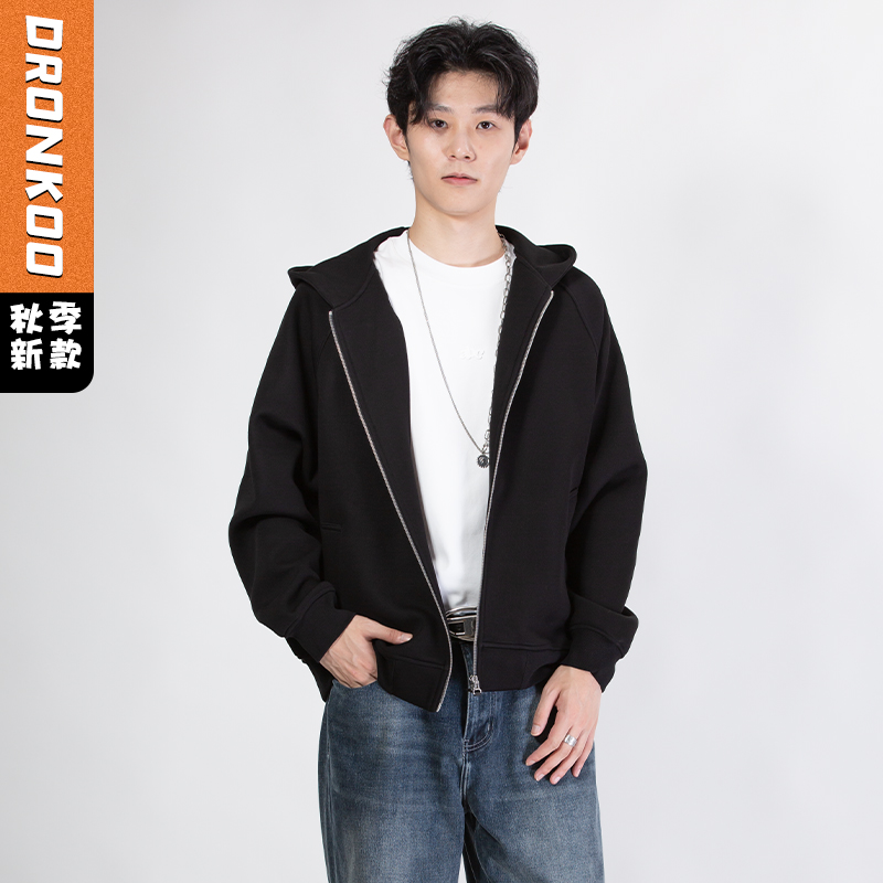 DRONKOO 2025 连帽后幅贴布字母微阔卫衣中厚开衫