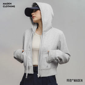 马登女装美式高腰短卫衣修身灰色连帽拉链卫衣开衫复古运动外套