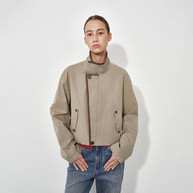 NUTH复古宽松立领拼皮长袖短款夹克外套女 卡其色