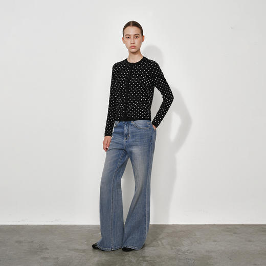 NUTH美利奴羊毛黑白波点修身短款长袖针织开衫女 商品图0